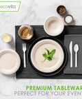 100% Compostable Large Disposable Spoons, 6.5 Inch Bulk Pack, Eco Friendly, Ultra Durable and Heat Resistant Cutlery Alternative With Tray for Parties, Catering, and Everyday Use, shown with tableware