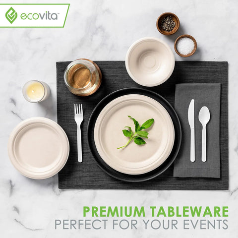 100% Compostable Large Disposable Spoons, 6.5 Inch Bulk Pack, Eco Friendly, Ultra Durable and Heat Resistant Cutlery Alternative With Tray for Parties, Catering, and Everyday Use, shown with tableware