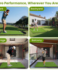 Big League Golf Hitting Mat 5x4ft Or 6x4ft For Indoor Or Outdoor Practice with player in park, backyard, garage, and balcony setups