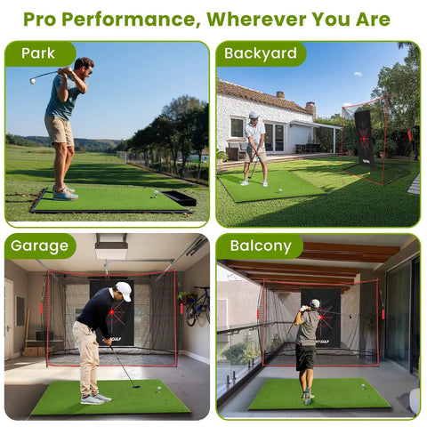 Big League Golf Hitting Mat 5x4ft Or 6x4ft For Indoor Or Outdoor Practice with player in park, backyard, garage, and balcony setups