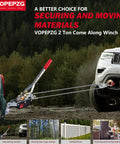 Heavy Duty Workhorse Come Along Winch 2 Ton Capacity With 12 Foot Steel Cable Dual Gear System And 2 Hooks For Vehicle Recovery Fence Stretching Tree Pulling Log Lifting Trailer Loading And More, shown pulling a vehicle