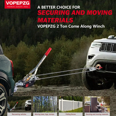 Heavy Duty Workhorse Come Along Winch 2 Ton Capacity With 12 Foot Steel Cable Dual Gear System And 2 Hooks For Vehicle Recovery Fence Stretching Tree Pulling Log Lifting Trailer Loading And More, shown pulling a vehicle