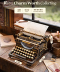 Typewriter 3D Wooden Puzzle Kit For Adults Mechanical Model Build No Batteries Gears Spin Typebars Swinging Knobs See Inside Vintage Black Style Desk Display Gift That Slaps, 11.5in x 11.2in basswood