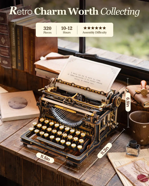 Typewriter 3D Wooden Puzzle Kit For Adults Mechanical Model Build No Batteries Gears Spin Typebars Swinging Knobs See Inside Vintage Black Style Desk Display Gift That Slaps, 11.5in x 11.2in basswood