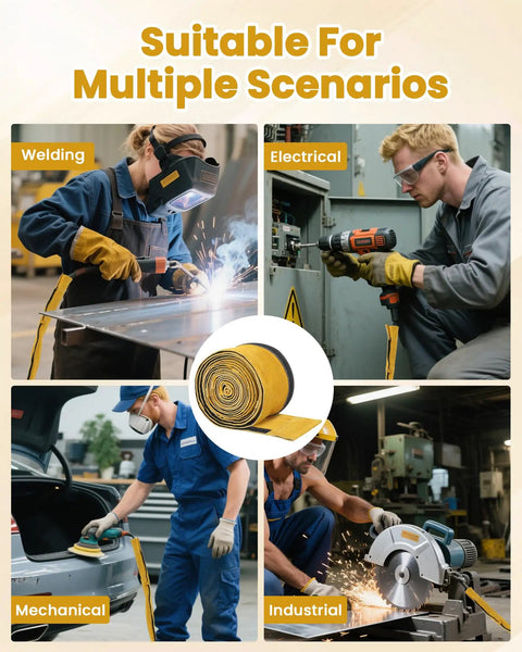 Various workers in welding, electrical, mechanical, and industrial tasks using Leather Welding Cable Sleeve With Adjustable Velcro Closure.