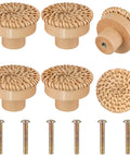 Boho Rattan Dresser Knobs Set With Six Handmade Round Wood Pulls And Six Screws Woven Wicker Cabinet Hardware