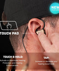 Man using Desert Tan Shooting Ear Protection Bluetooth Earbuds With Hearing Enhancement And Noise Isolation, GS Extreme 3.0