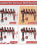 Metal Screwdriver Organizer Wall Mount Plier Holder Hammer Rack for Garage Workshop Workbench Black shown on various wall surfaces.