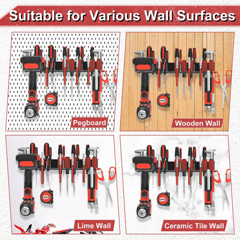 Metal Screwdriver Organizer Wall Mount Plier Holder Hammer Rack for Garage Workshop Workbench Black shown on various wall surfaces.