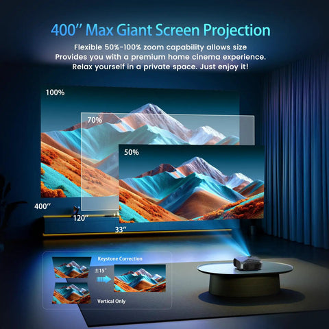 Ultra Bright 4K Outdoor Projector with 400'' max screen projection, showing mountains, flexible zoom, in a home setting.
