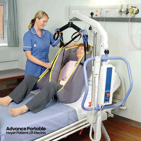 Nurse using Electric Portable Patient Lift With Folding Design Ultra Lightweight About 70 Lb Frame 340 Lb Capacity Battery Powered