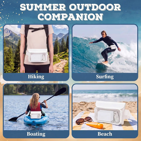 Waterproof Phone Pouch Fanny Pack IPX8 with floating dry bag shown used for hiking, surfing, boating, and beach.