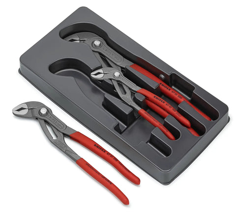 Cobra Pliers Set Three Piece High Tech Water Pump Pliers With Grey Atramentized Finish And Non Slip Handles In A Durable Plastic Tray