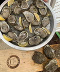 Plate of raw oysters with lemon wedges next to wooden base for Premium Stainless Steel Oyster Opener With Knife On Wooden Base