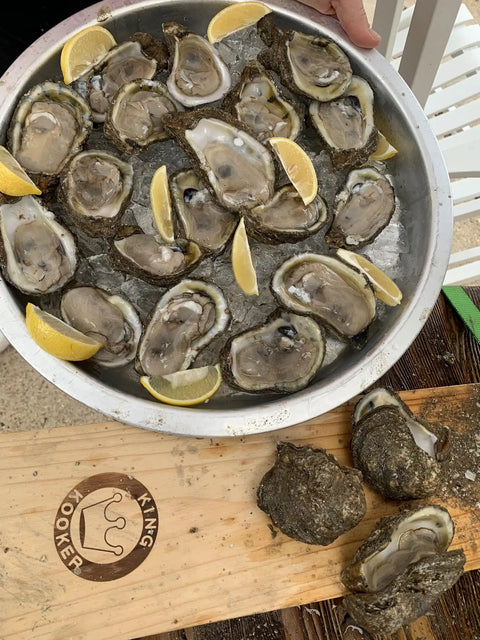 Plate of raw oysters with lemon wedges next to wooden base for Premium Stainless Steel Oyster Opener With Knife On Wooden Base