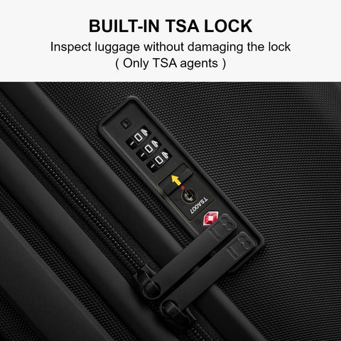 LEVEL8 black 20-inch hard-shell carry-on luggage with built-in TSA lock, close-up