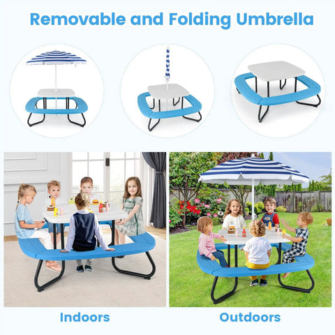 8 Seat Kids Picnic Table Set With Foldable Umbrella For Outdoor Backyard Fun with kids using benches indoors and outdoors