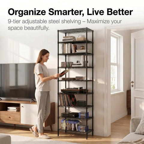 Level Up Your Home Organization Game With This Adjustable 9 Tier Steel Wire Shelving Rack, 81 Inch Tall Heavy Duty Extra Large Capacity Storage Unit, Black