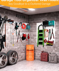 White Slatwall Garage Storage System With Wall Mount Panels, 96 Inch Total, Includes Adjustable Metal Hooks holding tools