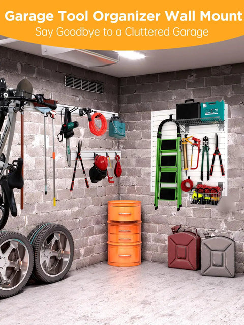White Slatwall Garage Storage System With Wall Mount Panels, 96 Inch Total, Includes Adjustable Metal Hooks holding tools
