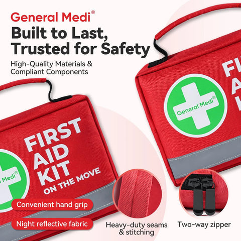 Front view of two red General Medi compact first aid kits with green cross logos and two-way zippers.