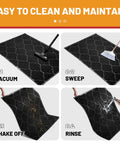 Jumbo 46X35 Inch Front Door Mat For Entryway And Garage Waterproof Grippy Non Slip Doormat shown being cleaned with vacuum, broom, shaken, and rinsed