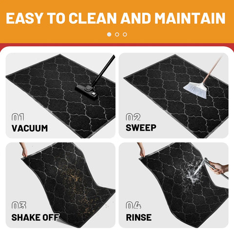 Jumbo 46X35 Inch Front Door Mat For Entryway And Garage Waterproof Grippy Non Slip Doormat shown being cleaned with vacuum, broom, shaken, and rinsed