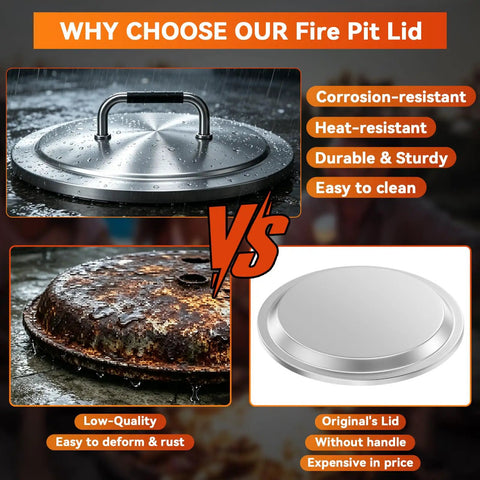 Comparison of Round 19.5 Inch Fire Pit Lid For Bonfire 2.0 And 1.0 Smokeless Pits 304 Stainless Steel with rusted and handleless lids