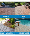 Driveways, patios, walkways, and poolside pavers protected with No Fuss Ready To Use Concrete Paver Sealer One Gallon.