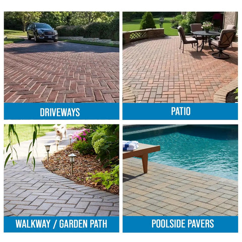 Driveways, patios, walkways, and poolside pavers protected with No Fuss Ready To Use Concrete Paver Sealer One Gallon.