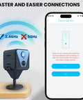 4K Ultra Clear Wireless Indoor Security Camera With 100 Day Battery Life next to smartphone showing Wi-Fi setup.