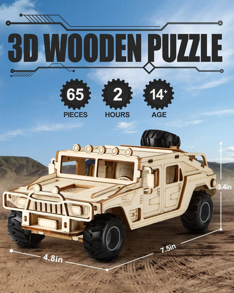Off Road 3D Wooden Puzzle Car Kit For Adults, Easy To Build SUV Model With 65 Pre Cut Pieces, DIY Wood Toy For Builders, Realistic Detail And Fun Challenge, 7.5in x 4.8in x 3.4in
