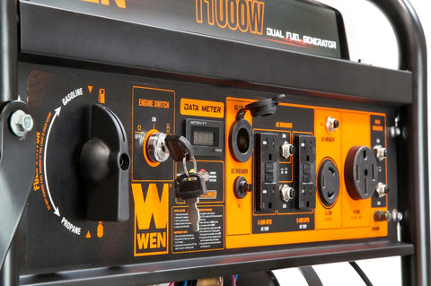 Control panel of the Beefy Dual Fuel Electric Start Portable Generator With Wheel Kit And CO Shutdown Sensor, showing switches and outlets.