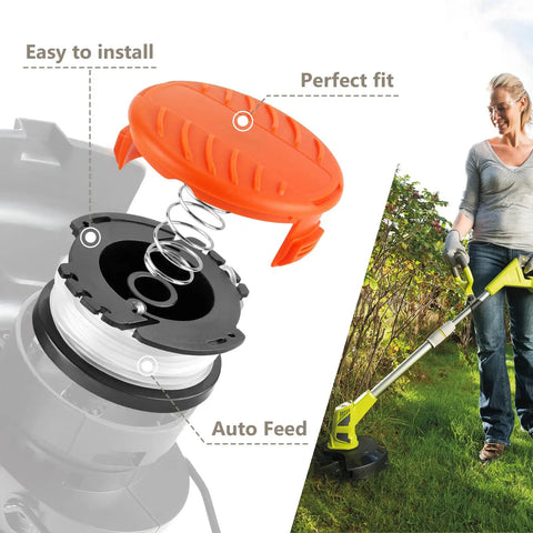 Image showing parts of 10 Pack 0.065 Inch Weed Eater String Refills With 240 Feet Auto Feed Trimmer Line Replacement Spools For Popular Grass Trimmers installed on a grass trimmer.