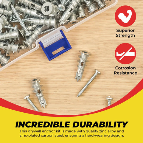 Zinc Self Drilling Drywall Anchor Kit With Screws for hollow walls, showcasing metal anchors and screws on wooden surface.
