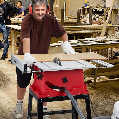 10 Inch 15 Amp Tough Job Site Table Saw With Rock Solid Stand And Push Stick For Effortless Cuts and Tight 90 Degree Cross Angles Along With Smooth 0 To 45 Degree Bevel Shift Adjustable Blade Height in action.