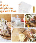 Clear Cellophane Treat Bags 5x7 Inches, 100 Pack With Gold 3 Inch Twist Ties for cookies, candy, party favors, gift packaging.