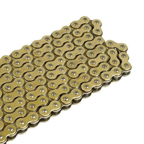 Close-up of Golden 520 Pitch 120-Links Non-O-Ring Drive Chain With Rivet And Clip Master Links for ATV UTV Quad Dirt Bike