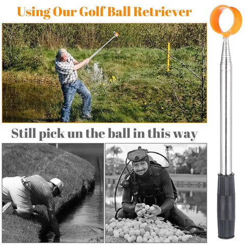 Telescopic Golf Ball Retriever 12Ft Aluminum Alloy used in water hazard with two-sided head shown, ideal for golfers