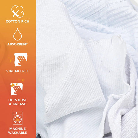 Bulk Cotton T Shirt Rags Heavy Duty 5 Lb Bag Low Lint Wiping Cloths For Paint Stain Grease Shop Auto Use Absorbent Machine Washable White Cleaning Towels For Industrial Cleaning And Auto Shop Projects closeup showing texture and benefits.