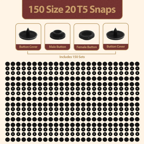 Image showing 150 Sets Black 12Mm No Sew Plastic Snap Fasteners Kit with button covers and male, female buttons