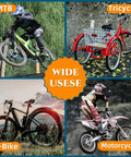 Collage of MTB, E-bike, tricycle, and motorcycle highlighting uses for 10G 3.0mm Silver Bicycle Spokes Set For Mountain Bike E Bike