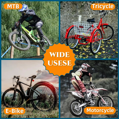 Collage of MTB, E-bike, tricycle, and motorcycle highlighting uses for 10G 3.0mm Silver Bicycle Spokes Set For Mountain Bike E Bike