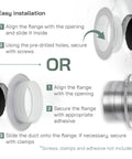 Diagram showing installation of 5 Inch Air Vent Duct Connector Flange For HVAC Ducting with pre-bored holes and adhesive options.