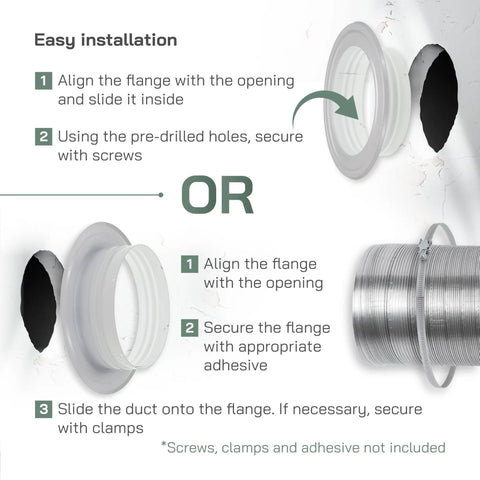 Diagram showing installation of 5 Inch Air Vent Duct Connector Flange For HVAC Ducting with pre-bored holes and adhesive options.