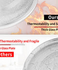 Comparison of thick, thermostable microwave glass plate versus fragile, thin glass plate highlighting durability differences.