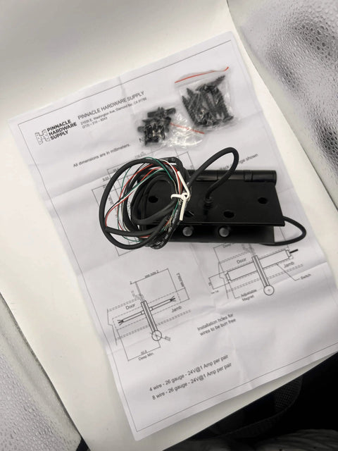 Electrified Steel Hinge Four Wire Electric Hinge Four And A Half Inches By Four And A Half Inches US26D Finish Square Corner with instructions