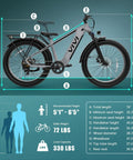 Dimensions of ACE01 Electric Fat Tire Mountain Bike For Adults with 26 Inch tires and specifications display.