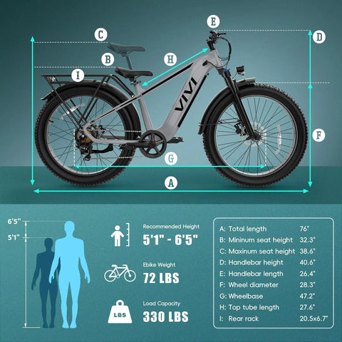 Dimensions of ACE01 Electric Fat Tire Mountain Bike For Adults with 26 Inch tires and specifications display.