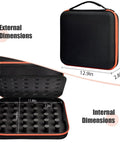 Heavy Duty Chainsaw Chain Storage Case Organizer for 6 to 12 Chains with anti-tangling design, shown in closed and open views with dimensions.